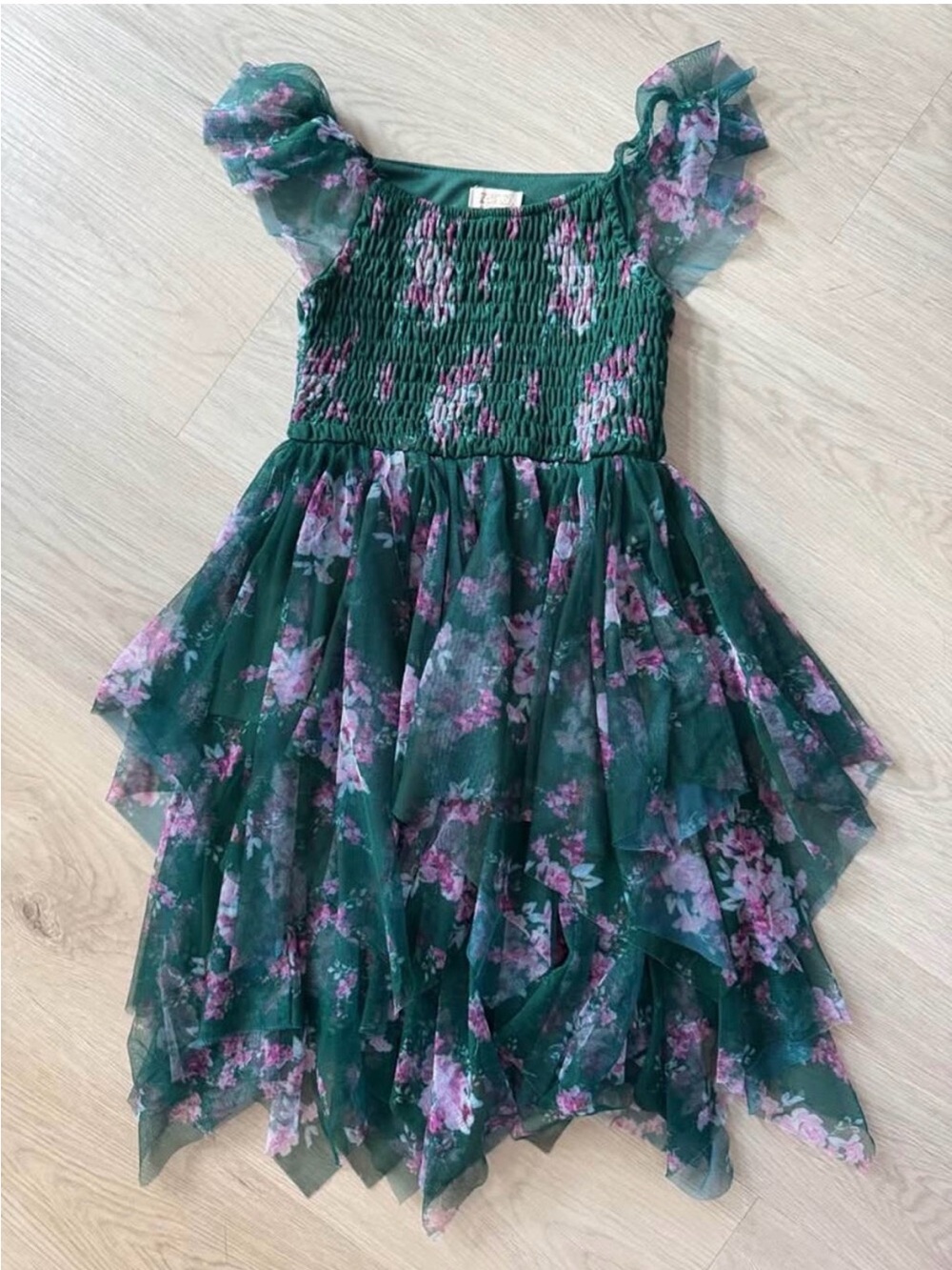 Zenzi Girls' Size 6/7 Green Floral Layered Tulle Dress